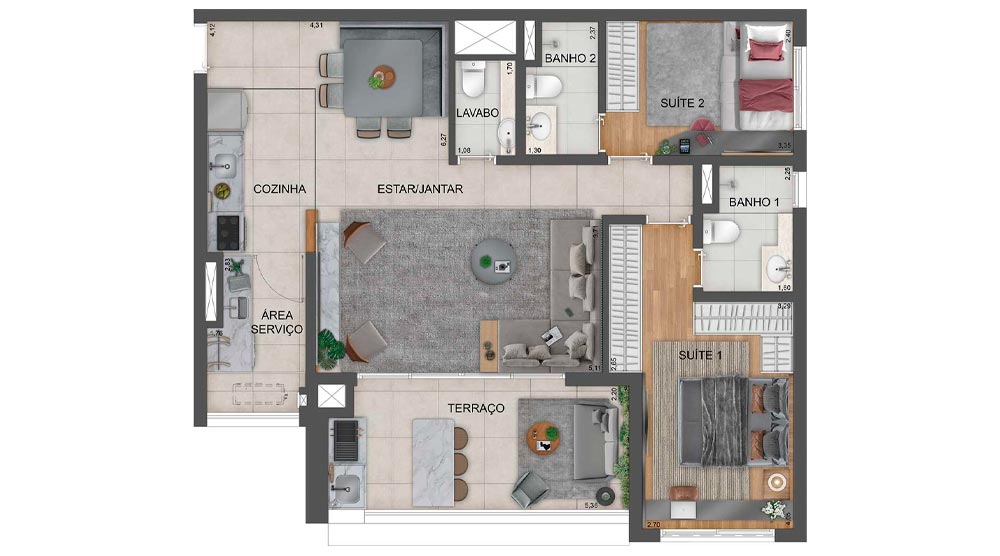 Planta Tipo - 94m² - Living Ampliado